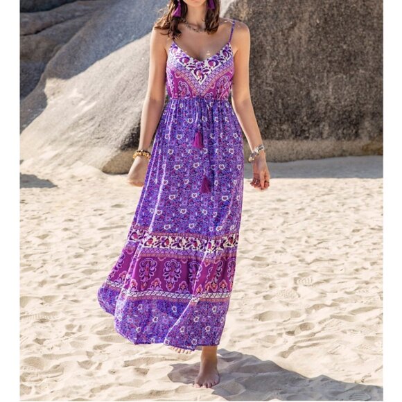 Boho Floral Print Belted Cami Dress Purple - Picture 1 of 7